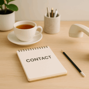 photo d’un bureau épuré avec une tasse de thé, un carnet “contact” et un téléphone rétro, ambiance douce et professionnelle.