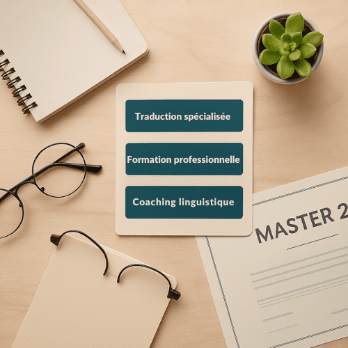 Vue de dessus d’un bureau clair avec diplôme, carnet, carte mentionnant « environment, technical teams, communication », illustrant les domaines d’expertise de Language Apart