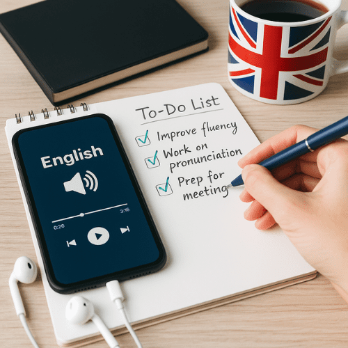 Femme apprenant l’anglais en autonomie avec tablette et dictionnaire dans le cadre d’un coaching linguistique ciblé.