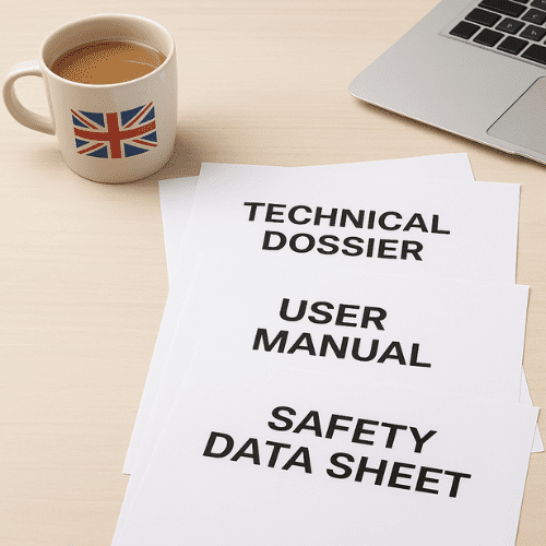 Dossier technique, manuel utilisateur et fiche de sécurité posés sur un bureau clair avec une tasse de thé ornée du drapeau anglais, illustrant la traduction du français vers l’anglais.