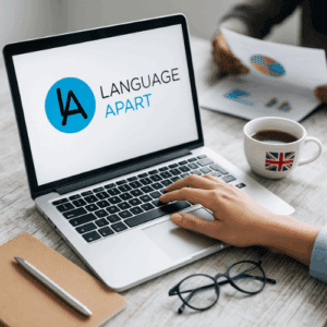 Main féminine sur ordinateur affichant le logo Language Apart, avec une tasse de thé au drapeau anglais, illustrant la formation et le coaching linguistique.