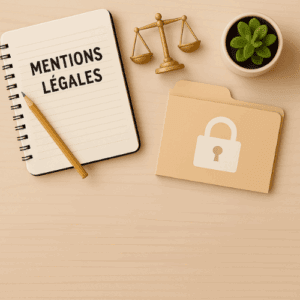 illustration carrée représentant les mentions légales et la politique de confidentialité de LanguageApart avec une balance, un dossier verrouillé et un carnet.