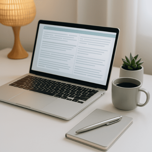 espace de travail épuré avec ordinateur portable, carnet et accessoires, illustrant l’utilisation d’outils de traduction et la gestion de projets multilingues.