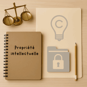 Vue à plat d’un bureau en bois clair illustrant la propriété intellectuelle, avec carnet, cadenas et éléments symboliques, pour LanguageApart.