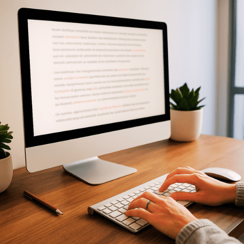 Professionnelle effectuant une relecture sur écran d’un contenu en anglais dans un environnement de travail épuré et moderne