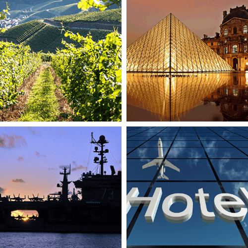 Montage illustrant les secteurs d’expertise en traduction : vignoble pour le tourisme de luxe, pyramide du Louvre pour le patrimoine culturel, porte-avions pour la construction navale et hotellerie