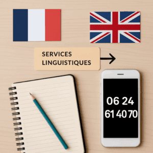 illustration de services linguistiques avec un téléphone professionnel, carnet de notes et accessoires de bureau sur fond clair