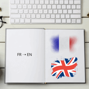 Illustration symbolique d'une traduction du français vers l’anglais avec pictogrammes de dialogue et mention FR vers EN