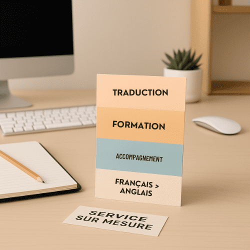 Espace de travail lumineux et organisé illustrant les domaines de la traduction spécialisée, de la formation et du coaching linguistique.